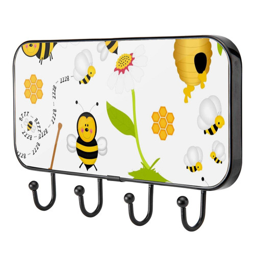 MUOOUM Key Holder for Wall Self Adhesive Key Hooks for Wall Decorative with 4 Key Hooks, Key Rack Key Hanger for Wall Entryway, Hallway, Bathroom, Living Room, Kitchen, Honey Bee Flowers