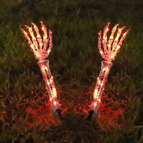 (New) Halloween Decoration, Lighted Skeleton Arm Stake, Scary Realistic Hands Bone Waterproof Battery Operated, Indoor Outdoor Halloween Ornament - 2 Pack