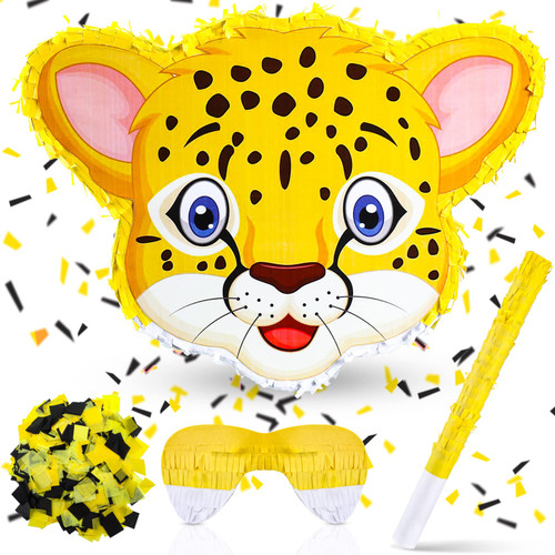 Leopard Pinata Safari Pinata with Stick Blindfold and Confetti Jungle Birthday Party Supplies Wild Animal Pinata Party Decorations Centerpiece Photo Prop, 16.1 x 11.8 x 2.8 Inches