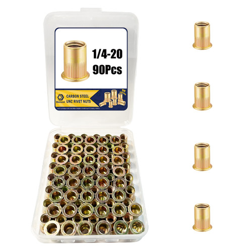 Bonost 1/4"-20 Rivet Nuts 90Pcs - SAE Threaded Rivet Insert Nut - Carbon Steel Rivnuts Nutsert for Plastic, Fiberglass, Metal