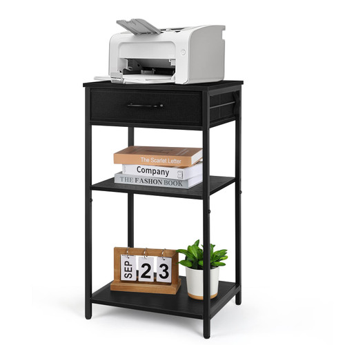 ETELI Printer Stand Table for Home Office 3 Tier Small Printer Stand with Storage Drawer Multi-Functional Printer Desk Shelf with Wood Board and Metal Frame for Printer Fax Machine Scanner, Black