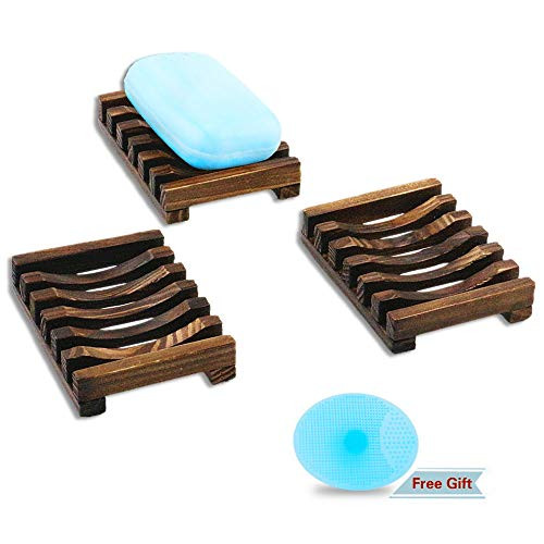 Tazay Soap Dish, 3 Piece Bathroom Wooden Soap Case, Sink Deck Bathtub Shower Dish, Rectangular, Hand Craft, Natural Wooden Holder for Soap, Scrubber