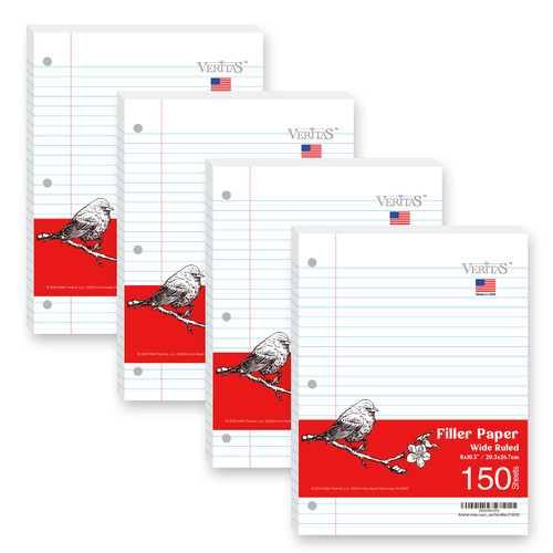 WritePads Notebook paper Loose Leaf Paper, Standard 8"x10-1/2" Wide Ruled Filler Paper,3 Hole Punched Binder Paper For 3 Ring Binder,150 Sheets/Pack, 4 Pack White (F60001W)