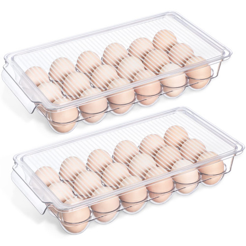 2 Pack - Stackable 18 Egg Holder for Refrigerator - Premium Thick Clear Fridge Egg Container Organizer Bins with Lids - Food Grade Plastic Egg Storage Box - Reusable Egg Carton Tray
