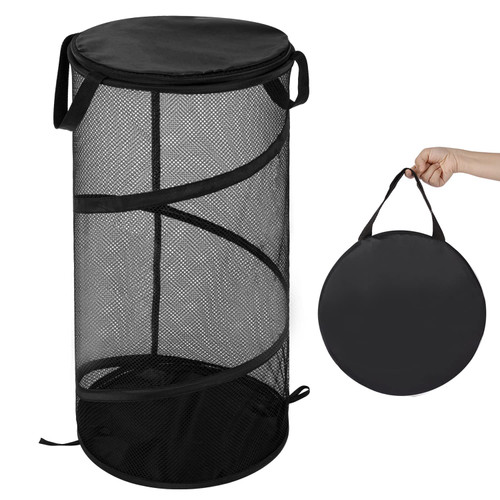 BATTOO Large Collapsible Laundry Basket with Lid Foldable Mesh Pop Up Hamper with Handles for Laundry Room, Bathroom, Kids Room, College Dorm, Travel, Storage Organizer Black