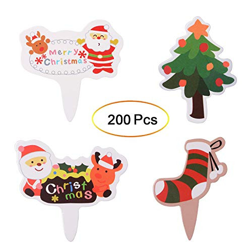 Qibote 200 Pieces Christmas Cupcake Toppers Picks, Cake Toppers for Christmas Party Cupcake Decoration Supplies