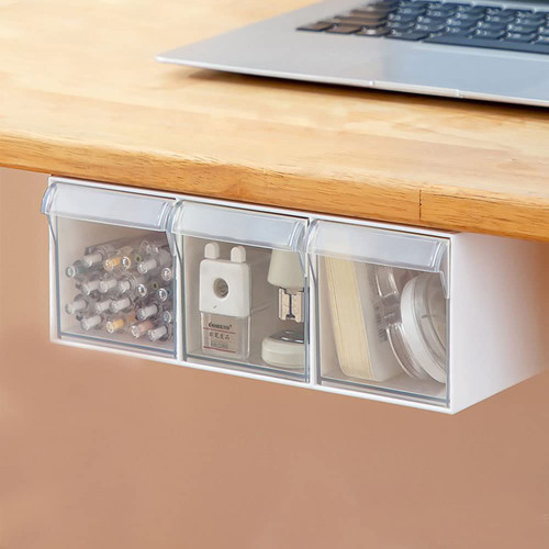 YOSKAEDI Under Desk Storage with 3 Drawers, Large Desk Drawer Attachment for office, Desk Drawer Organizer Slide Out, Plastic Stick on Desk Drawer White