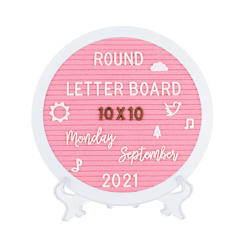 G GAMIT Round Felt Letter Board Message Sign - 10x10 inches Message Board with 465 Changeable White&Golden Letters,Numbers,Cursive Words and Stand for Party,Baby Announcement,Wedding,Pregnancy,Wall&Tabletop Decor (Pink)