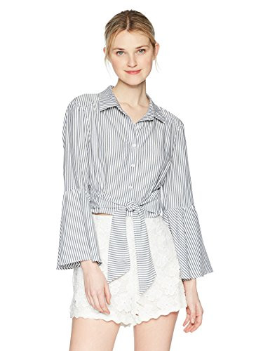 Jack by BB Dakota Junior's Penka Boyfriend Stripe Bell-Sleeve Button-up Top, Off White, Medium