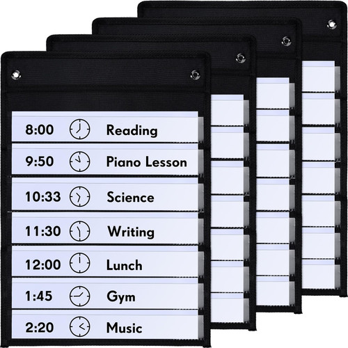 4 Pieces Magnetic Pocket Chart for Classroom with 40 Dry Erase Cards Daily Schedule Pocket Chart Standard Pocket Chart for Daily Schedule, Activities, Class Demonstrations, 4 Sets (Black)