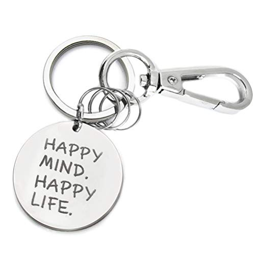 QUOTITY Keychain Inspirational Gift Laser Engraved Stainless Steel with Metal Clip Clasp Inspirational Positive Message Quote Happy Mind Happy Life