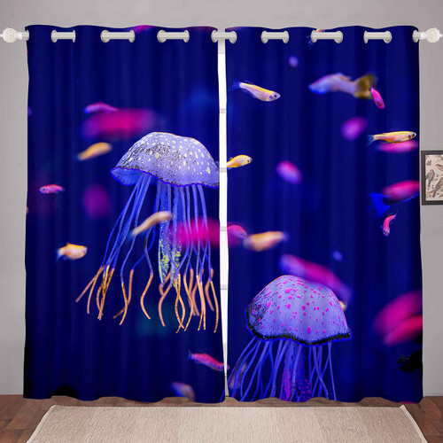 Jellyfish Curtains Ocean Creature Window Curtains for Bedroom Living Room Kids Boys Girls Sea Underwater World Blue Window Drapes Marine Life Sealife Decor Window Treatments,38 X 54 Inches,2 Panels