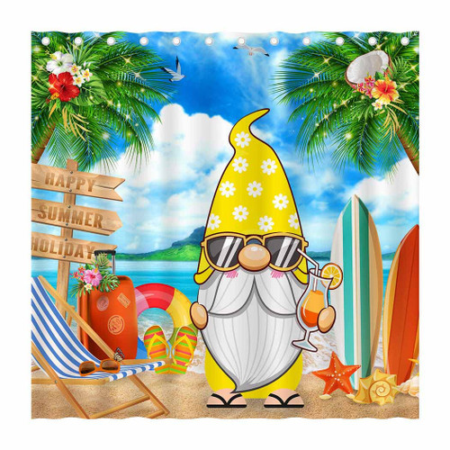 Juirnost Summer Gnome Shower Curtain for Bathroom Tropical Beach Hawaii Luau Shower Curtain Seaside Scene Blue Ocean Shower Curtain Bathtubs Decor Waterproof Fabric 72 x 72 Inches with 12 Hooks