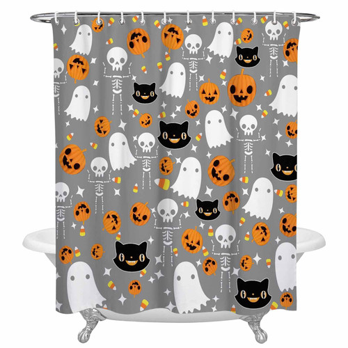VDLBT Halloween Shower Curtains Pumpkin Skeleton Cartoon Spooky Grey Bath Curtain Waterproof Fabric Bathroom Curtain Set with Hooks 72 x 72 Inches