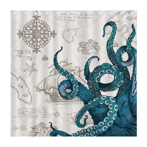 LEITINGYA Nautical Octopus Shower Curtain, Ocean Beach Blue Shower Curtain, Funny Pirate Sailboat Map Kraken Bathroom Decor, Waterproof Washable Shower Curtains Set with 12 Hooks 72 x 72 inches
