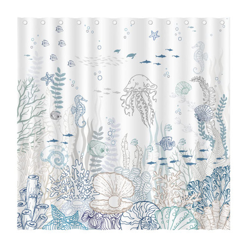 Juirnost Nautical Ocean Shower Curtain for Bathroom Seashell Beach Coastal Shower Curtain Starfish Coral Beach Bath Curtain Ocean Themed Underwater Marine Decor for Bathroom with 12 Hooks 72" x 72"