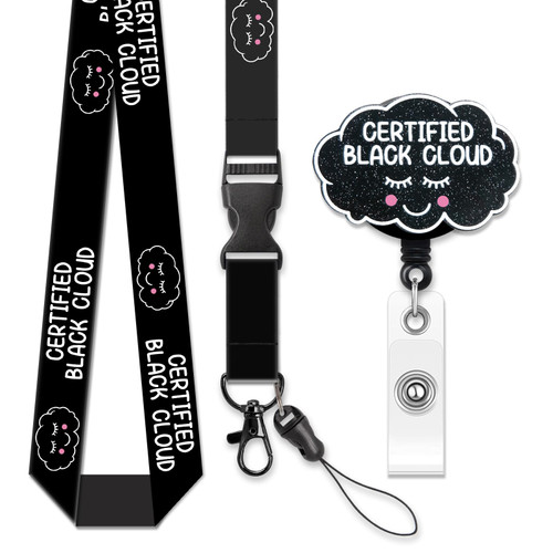 ERHACHAIJIA Set of Certified Black Cloud Retractable Black Glitter Badge Reel and Lanyard, Funny Cloud ID Card Badge Holder Gift for Nurses Doctors Office Worker Social Worker Colleague Boss