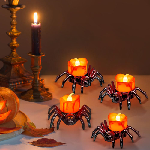6 PCS Halloween Tea Lights Candles, Battery Operated Halloween Flameless LED Candles, Halloween Spider Tealights Spooky Electric Flickering Fake Candles for Halloween Party Decorations