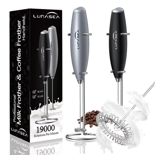 LUNASEA Handheld Milk Frother with Stand, Frother Wand, Electric frother for Coffee Whisk, Hand Mixer Blender Milk Foamer, Drink Mixer, Electric Whisker for Mixing, Latte, Cappuccino, Matcha (Silver)