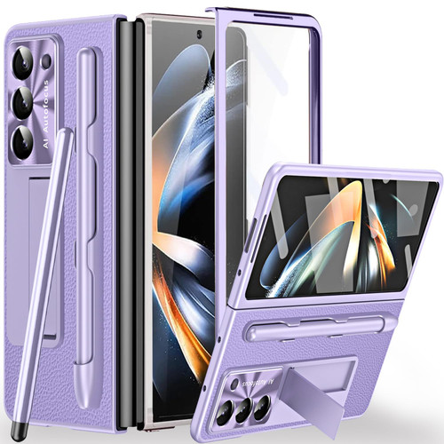 Miimall Compatible for Samsung Galaxy Z Fold 5 Case with S Pen, Stylus Pen with Pen Holder+Tempered Glass Screen Protector+Plating All-Inclusive Leather Case for Galaxy Z Fold 5 2023(Purple)