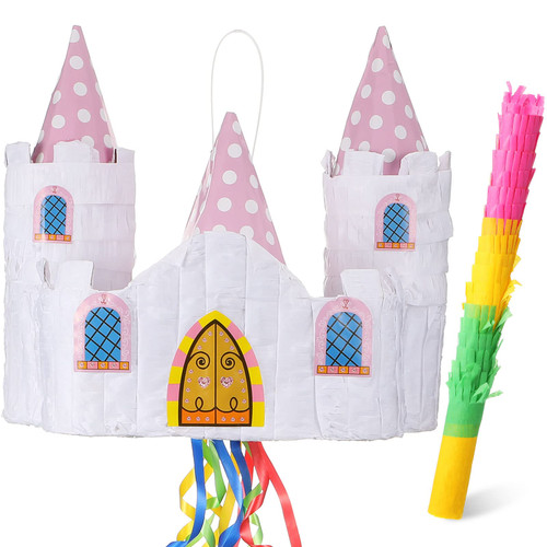 Small Princess Castle Pull String Pinata for Girl Princess Theme Birthday Party Decorations White Castle Pinata Party Supplies 12 x 11 x 6.3 Inches, with Bat Stick