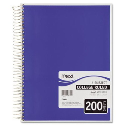 Mead Products - Mead - 5 Subject Notebook, College Rule, 8-1/2 x 11, White, 200 Sheets/Pad - Sold As 1 Each - Heavy cover and tan board back for added durability. - Spiral binding allows for smooth page turning. - Assorted color covers.