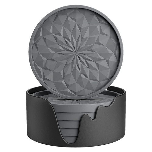 Silicone Coasters [6 Pack] ME.FAN Coasters with Holder - Drinking Coasters - Cup Mat for Drinks - Live for Hot or Cold Drink Thickened, Non-Slip, Non-Stick, Deep Tray Deep Grey