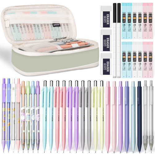 Nicpro 46PCS Aesthetic School Supplies With Big Capacity Pen Case, 26PCS Cute Pastel Mechanical Pencils 0.5 mm & 0.7 mm with 12 Tube HB Lead Refills, Erasers,Eraser Refills for Student Writing Drawing