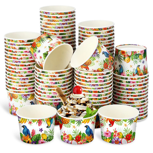 100 Count Ice Cream Cups 9 oz Ice Cream Bowls Disposable Soup Bowls for Hot Food Paper Yogurt Dessert Bowls Treat Snack Paper Dessert Cups for Summer Sundae Cold Food Hawaiian Tiki Party