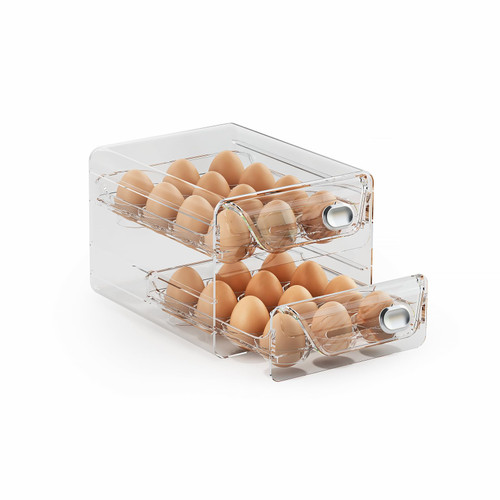 Egg Container for Refrigerator 24 Eggs Storage Organzier, Egg Drawer for Refrigerator, Fridge Egg Organizer, Plastic Egg dispenser for refrigerator, Stackable Clear Egg Organzier with Handles