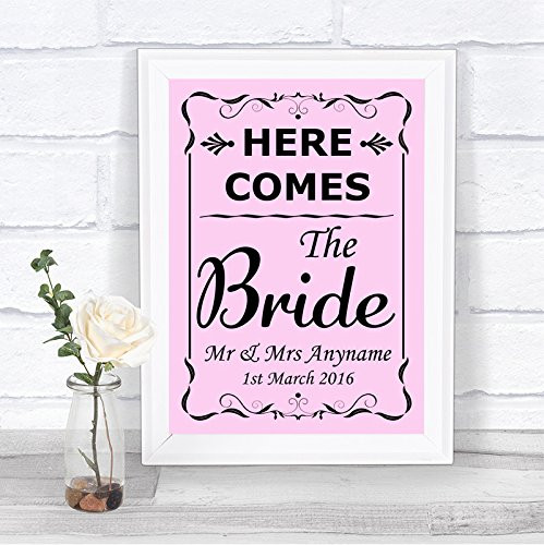 Pink Here Comes The Bride Personalized Wedding Sign