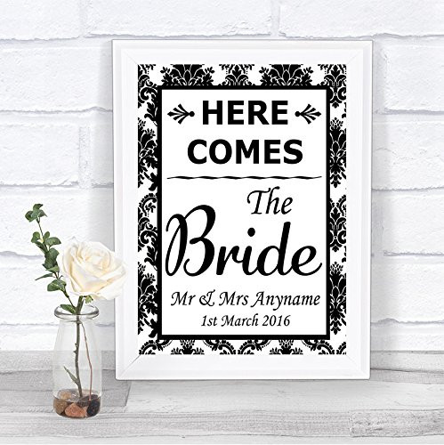 Black and White Damask Here Comes The Bride Personalized Wedding Sign