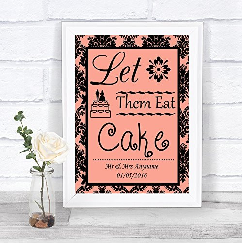 Coral Black Damask Let Them Eat Cake Personalized Wedding Sign