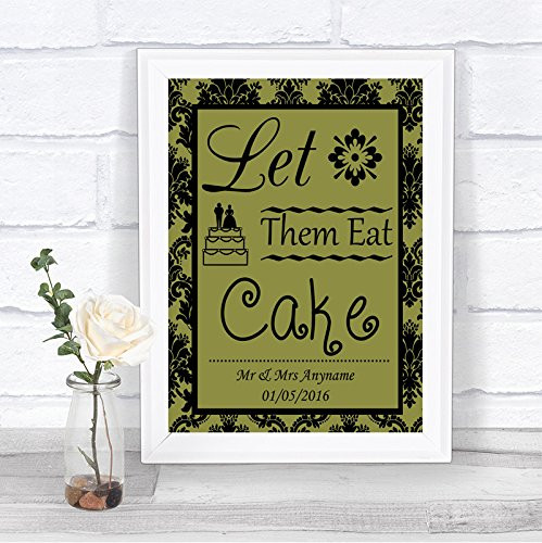 Olive Black Damask Let Them Eat Cake Personalized Wedding Sign
