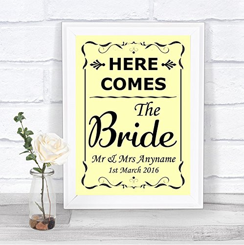 Yellow Here Comes The Bride Personalized Wedding Sign
