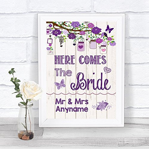 Vintage Wood Effect Here Comes Bride Aisle Sign Personalized Wedding Sign