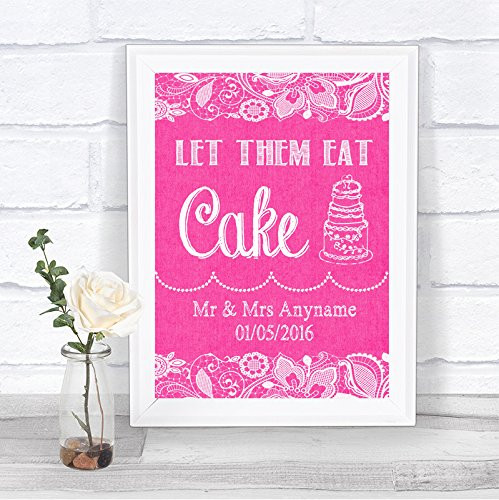 Bright Pink Burlap & Lace Effect Let Them Eat Cake Personalized Wedding Sign