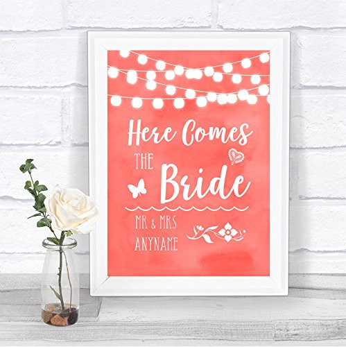 Coral Watercolour Lights Here Comes Bride Aisle Personalized Wedding Sign