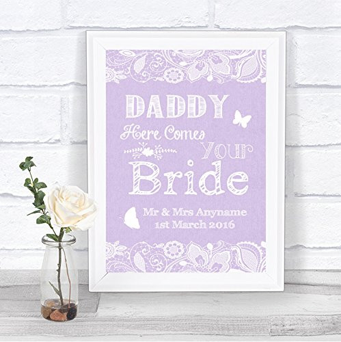 Lilac Burlap & Lace Effect Here Comes Your Bride Daddy Personalized Wedding Sign