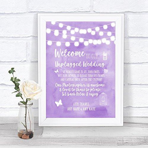 Lilac Watercolour Lights No Phone Camera Unplugged Personalized Wedding Sign