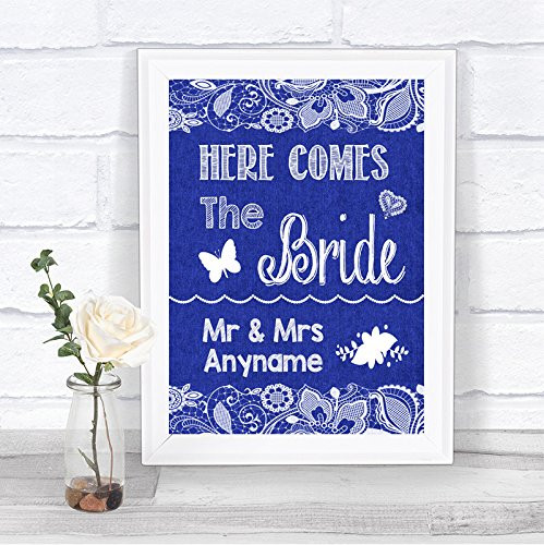 Navy Blue Burlap Lace Here Comes Bride Aisle Sign Personalized Wedding Sign