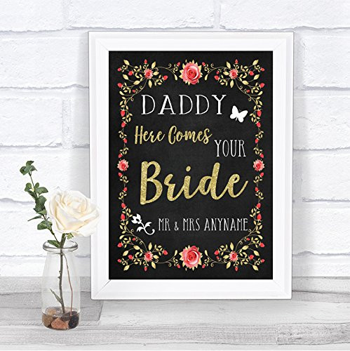 Chalk Style Blush Pink Rose & Gold Daddy Here Comes Your Bride Wedding Sign