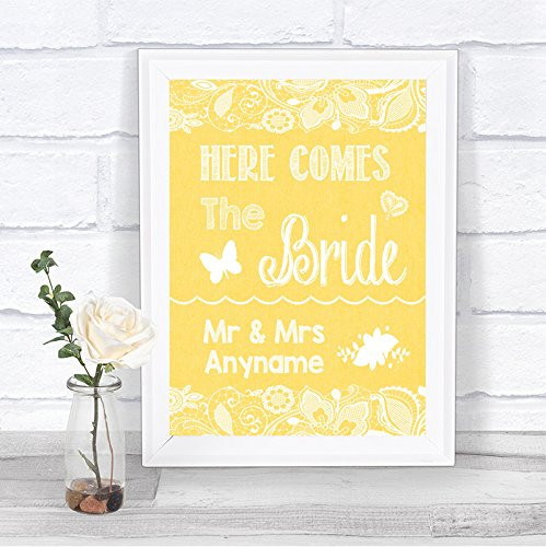 Yellow Burlap Lace Effect Here Comes Bride Aisle Sign Personalized Wedding Sign