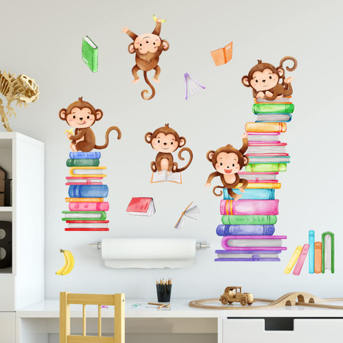Animals Wall Decals Peel and Stick, Monkeys Books Wall Stickers for Kids Room, Removable Wall Decor DIY Vinyl Art Murals for Bedroom Nursery Playroom Decoration (Monkeys with Books) Animals Wall Decals Peel and Stick, Monkeys Books Wall Stickers for Kids Room, Removable Wall Decor DIY Vinyl Art Murals for Bedroom Nursery Playroom Decoration (Monkeys with Books)