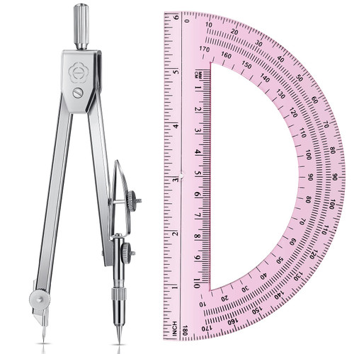Student Protractor and Compass Set, Student Geometry Math Set, Compass for Geometry and 180 Degree Math Protractor for Drawing Measuring School Office (Pink, 1 Set)