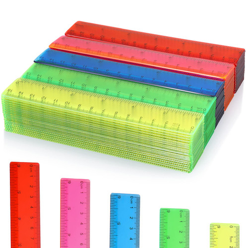 100 Pcs 6 Inch Ruler Bulk Plastic Flexible Rulers with Inches and Centimeters Small Ruler Straight Measuring Drafting Tools for School Education Families Kids Students (Colorful, Transparent)