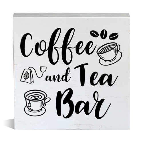 Farmhouse Coffee and Tea Wooden Box Sign Kitchen Wood Block Tabletop Sign Decorative Desk Sign Home Shelf Decor 5 X 5 Inches