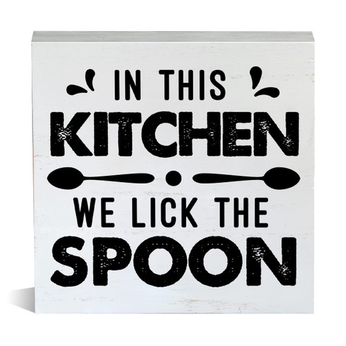 Farmhouse in This Kitchen We Lick the Spoon Wooden Box Sign Kitchen Wood Block Tabletop Sign Decorative Desk Sign Decor 5 X 5 Inches