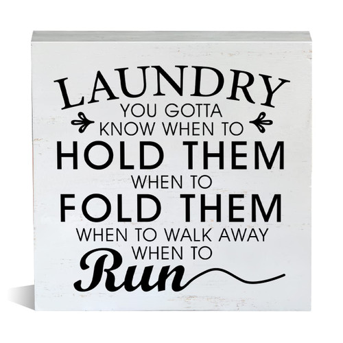 Farmhouse Laundry Room Wooden Box Sign Rustic Style Laundry You Gotta Know When to Hold Them Wood Block Tabletop Sign Decorative Desk Sign Decor for Home Shelf 5 X 5 Inches