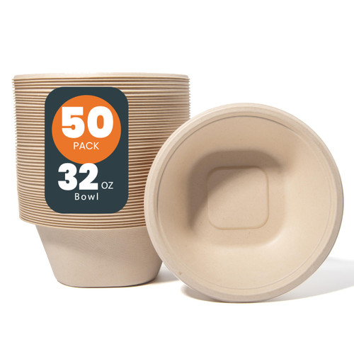 50 Pack Compostable Bowls, 32 oz Disposable Paper Bowls, Heavy Duty Biodegradable Soup Bowls,Eco-friendly Bowls Made of Sugarcane Fibers for Salad, Wheat Flakes, Dinner, Dessert, Ice Cream